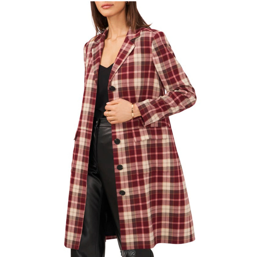 1.STATE Plaid Blazer Coat Jacket Womens S Maroon Burgundy Cream Academia Preppy